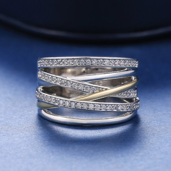 NEW Silver Gold Multi Layer Round Diamond Ring - Picture 2 of 8